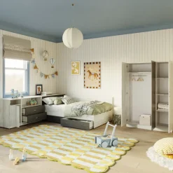 Cameretta completa con letto una piazza e mezza, comò e armadio 3 ante bianco frassinato grigio Cesare