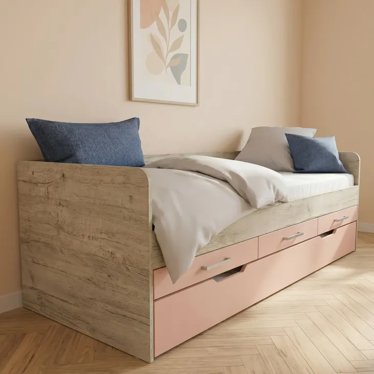 Cameretta completa letto singolo con letto estraibile e cassetti bianco frassinato rosa Bra