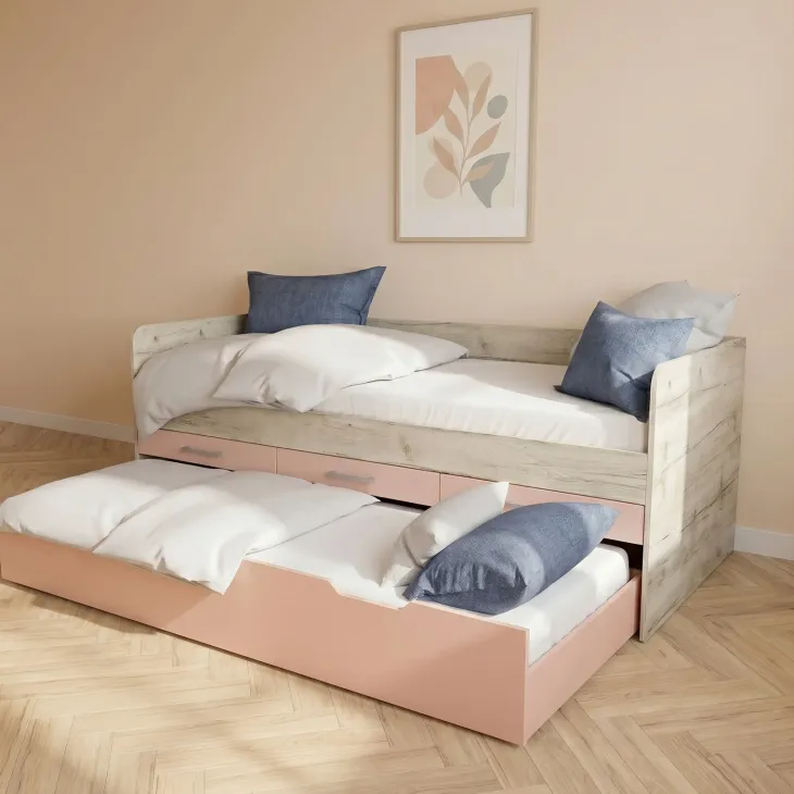 Cameretta completa letto singolo con letto estraibile e cassetti bianco frassinato rosa Bra