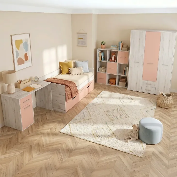 Cameretta completa letto singolo con letto estraibile e cassetti bianco frassinato rosa Bra