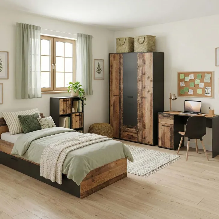 Cameretta completa singola grafite rovere rustico Fada