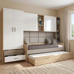 Cameretta letto singolo con letto estraibile e armadio a ponte rovere rustico marrone bianco lucido Dania