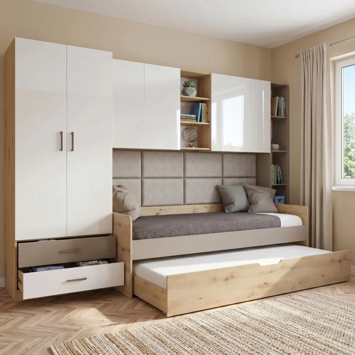 Cameretta letto singolo con letto estraibile e armadio a ponte rovere rustico marrone bianco lucido Dania