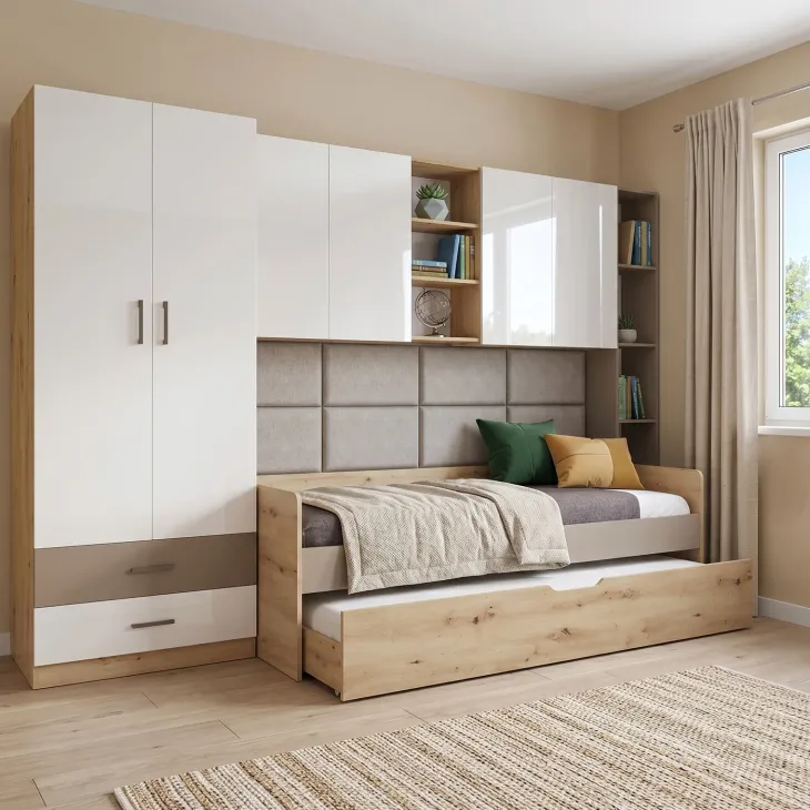 Cameretta letto singolo con letto estraibile e armadio a ponte rovere rustico marrone bianco lucido Dania