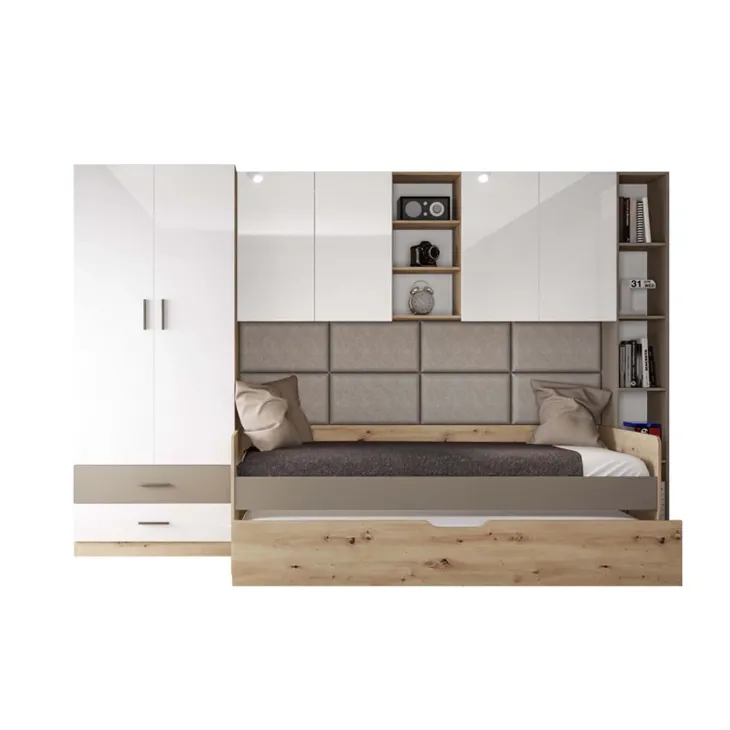 Cameretta letto singolo con letto estraibile e armadio a ponte rovere rustico marrone bianco lucido Dania