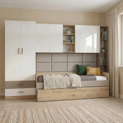 Cameretta letto singolo con letto estraibile e armadio a ponte rovere rustico marrone bianco lucido Dania