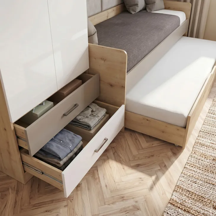 Cameretta letto singolo con letto estraibile e armadio a ponte rovere rustico marrone bianco lucido Dania