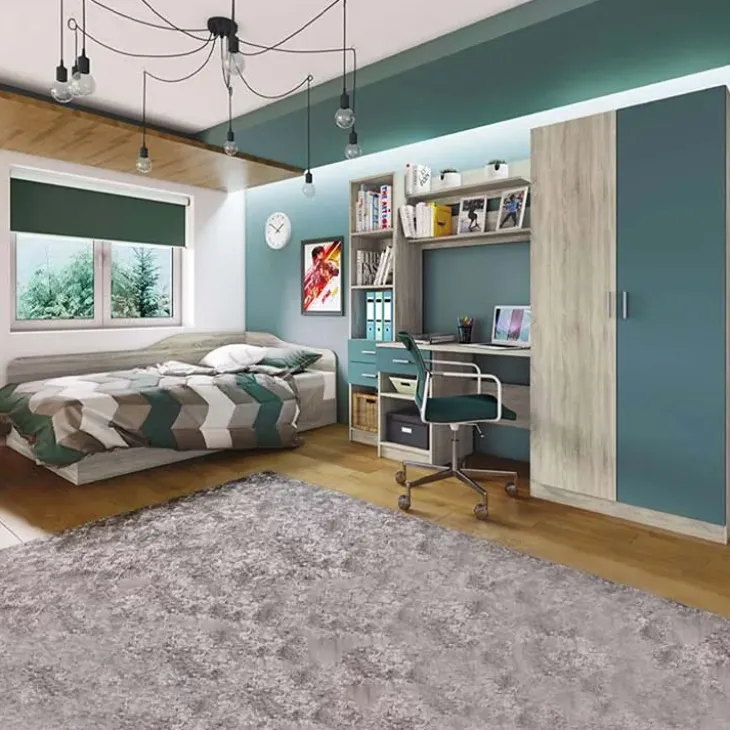 Cameretta per bambini completa 1 letto reversibile rovere blu petrolio Alex Gihome®
