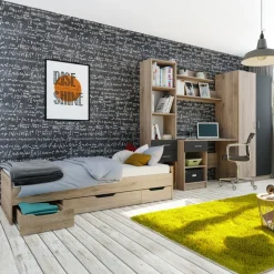 Cameretta per bambini completa 1 letto con cassettoni rovere grigio Kabala