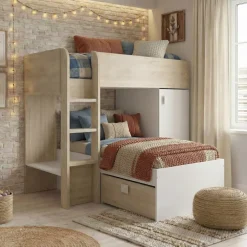Cameretta 255x112cm bambini 2 letti reversibile rovere bianco a soppalco Sole