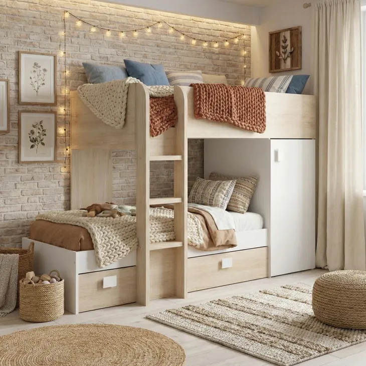 Cameretta 255x112cm bambini 2 letti reversibile rovere bianco a soppalco Sole