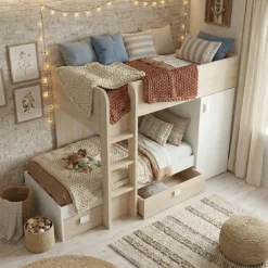 Cameretta 255x112cm bambini 2 letti reversibile rovere bianco a soppalco Sole