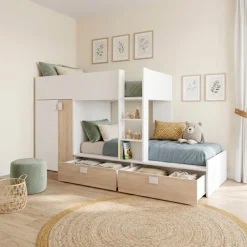 Cameretta 275x106cm bambini 2 letti reversibile rovere bianco opaco a soppalco Clark