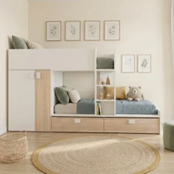 Cameretta 275x106cm bambini 2 letti reversibile rovere bianco opaco a soppalco Clark