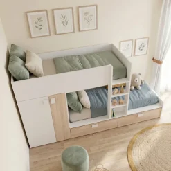 Cameretta 275x106cm bambini 2 letti reversibile rovere bianco opaco a soppalco Clark
