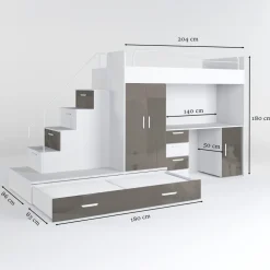 Cameretta 324x86cm completa 2 letti singoli bianco grigio Diego Gihome®
