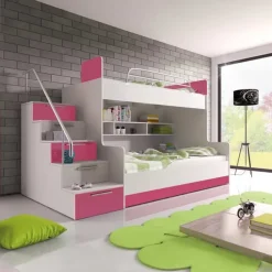 Cameretta 254x120cm con soppalco 2 letti singoli bianca rosa Enrico Gihome®