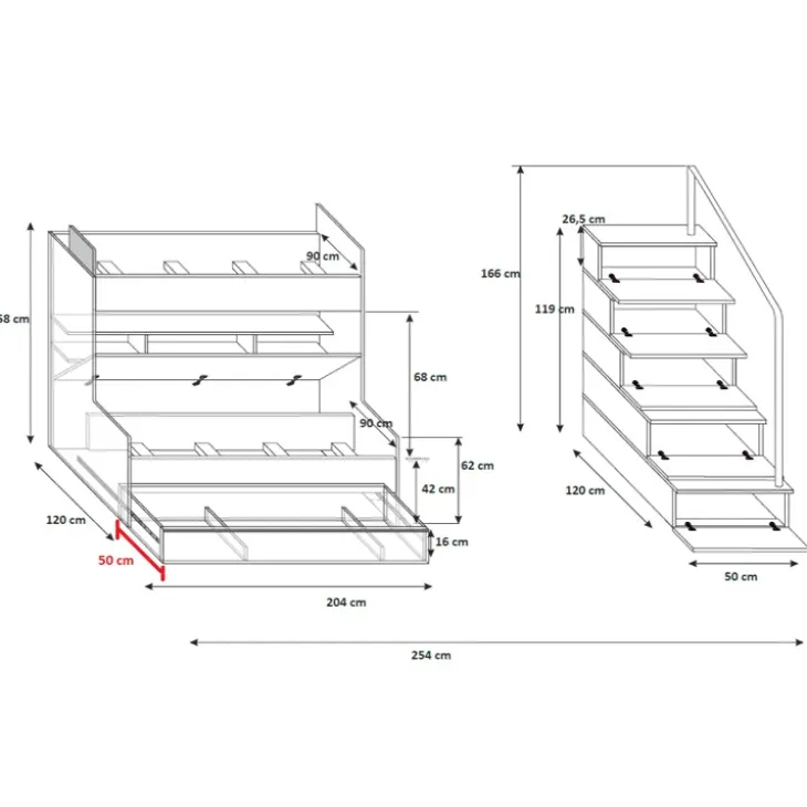 Cameretta 254x120cm con soppalco 2 letti singoli bianca rosa Enrico Gihome®