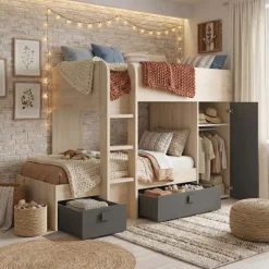 Cameretta 255x109cm 2 letti a soppalco reversibile rovere grafite Sole