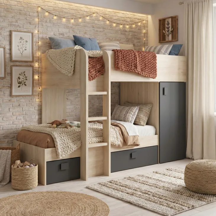 Cameretta 255x109cm 2 letti a soppalco reversibile rovere grafite Sole