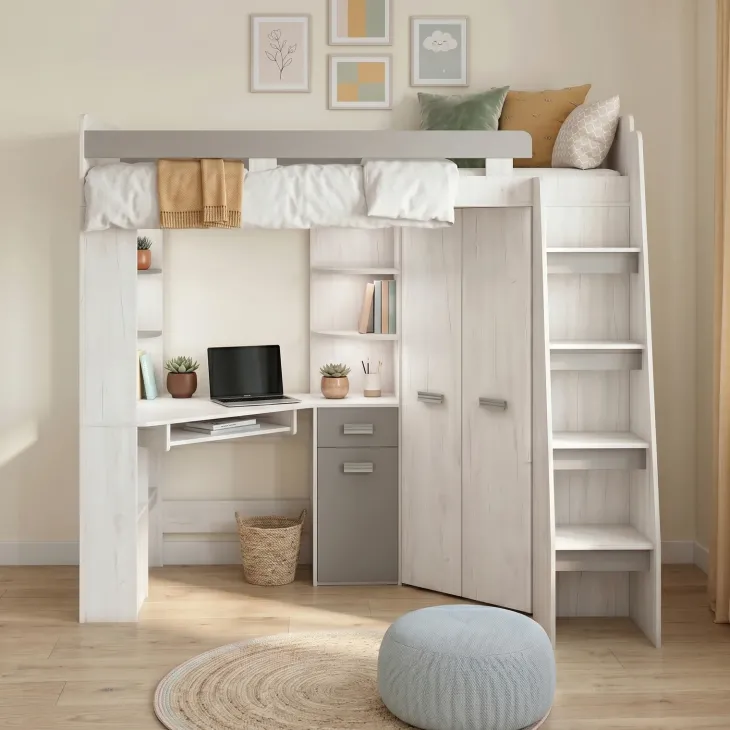 Cameretta 204x120cm 1 letto singolo completa destra bambini bianco pino grafite Dollie Gihome®