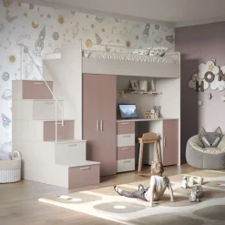 Cameretta 254x120cm 1 letto soppalco cashmere rosa Simone