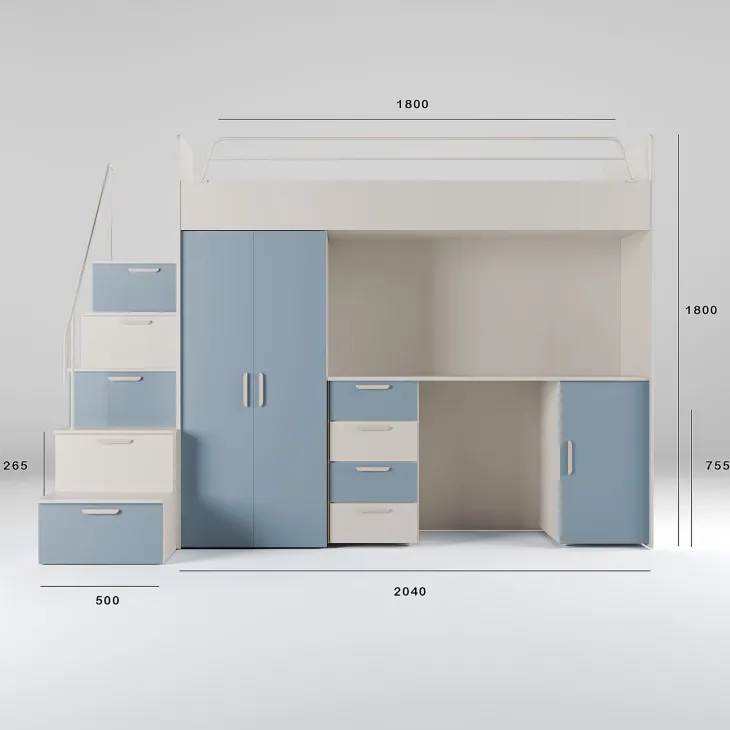 Cameretta 254x120cm 1 letto soppalco cashmere azzurro Simone