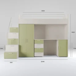 Cameretta 254x120cm 1 letto soppalco cashmere verde Simone