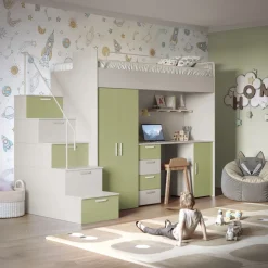 Cameretta 254x120cm 1 letto soppalco cashmere verde Simone