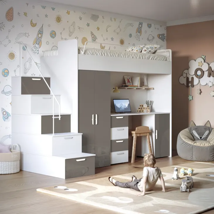 Cameretta 254x120cm 1 letto soppalco bianco grigio lucido Simone Gihome®