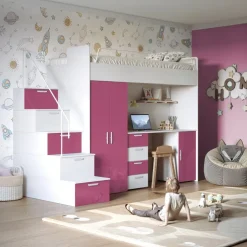Cameretta 254x120cm 1 letto soppalco bambini bianco fucsia lucido Simone Gihome®