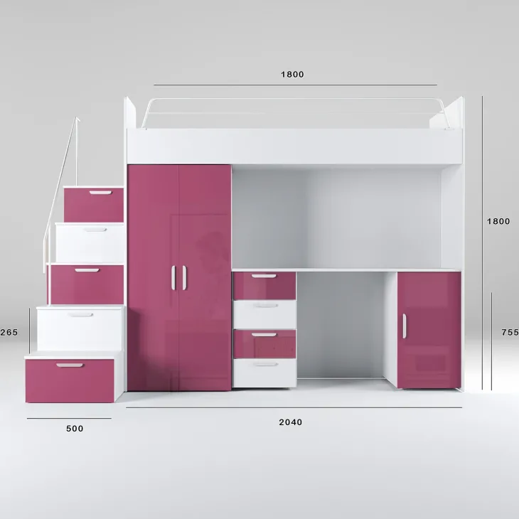 Cameretta 254x120cm 1 letto soppalco bambini bianco fucsia lucido Simone Gihome®
