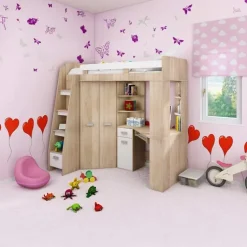 Cameretta 204x120cm sinistra completa 1 letto singolo rovere bianco Dollie Gihome®