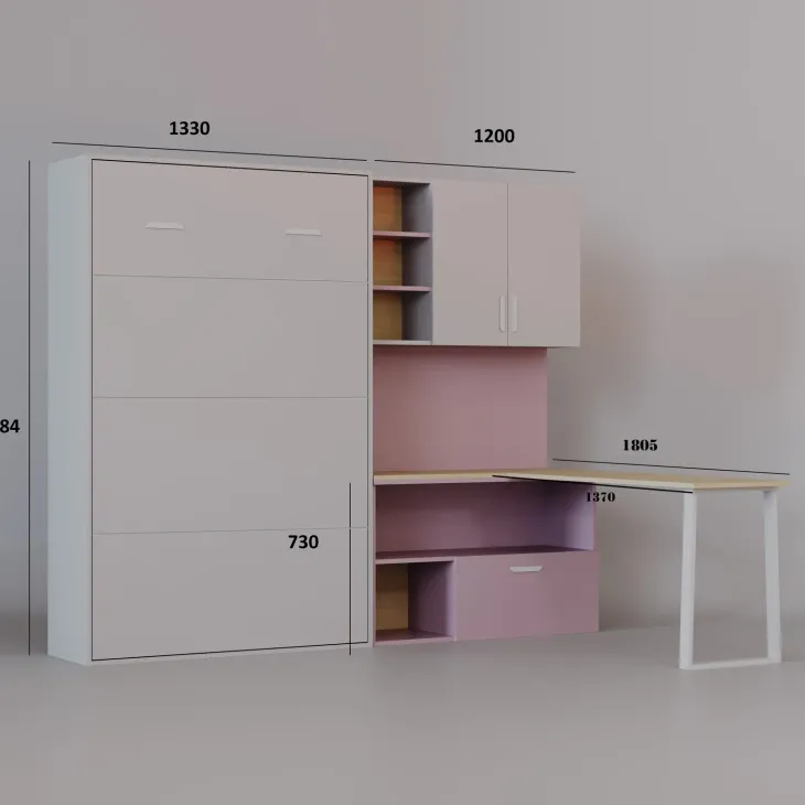 Cameretta 253x208h cm con letto a scomparsa e scrivania cashmere rosa Colorful