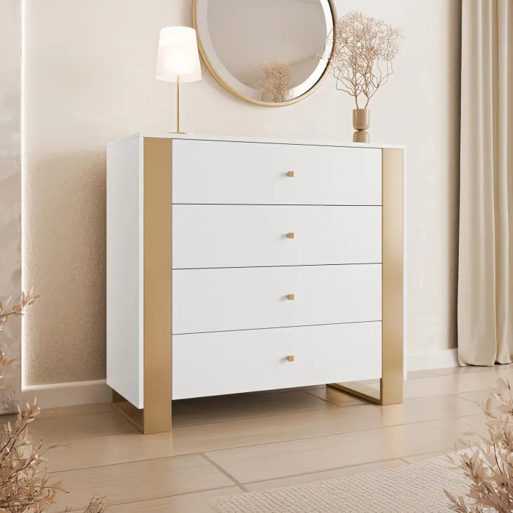 Cassettiera moderna 100x94h cm 4 cassetti bianco oro Reflex