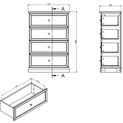 Cassettiera moderna 76x110h cm 4 cassetti shabby bianco Purro