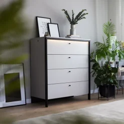 Cassettiera 101x115h cm 4 cassetti con LED grigio nero Luna