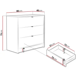 Cassettiera 80x75h cm 3 cassetti moderna bianco Athena