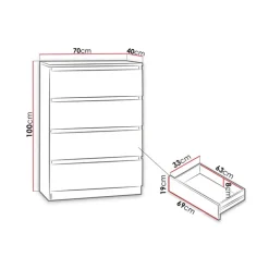 Cassettiera 70x100h cm 4 cassetti moderna bianco Rotterdam