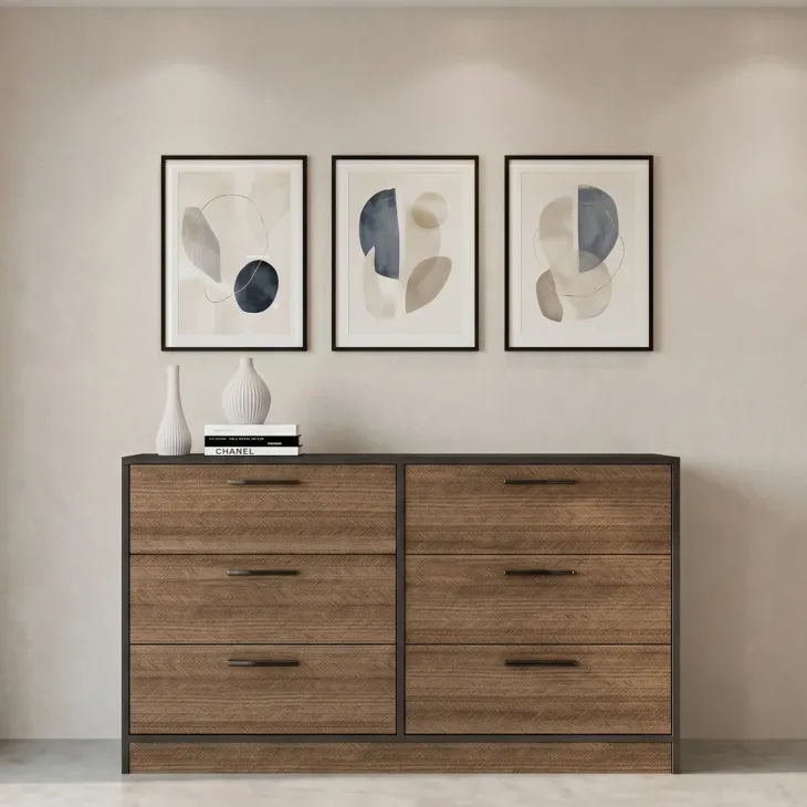 Cassettiera 130x81h cm 6 cassetti rovere scuro nero frassinato Loly