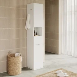 Colonna bagno girevole 35x185h cm con specchio e gancio bianco lucido Turny