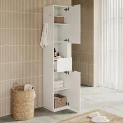 Colonna bagno girevole 35x185h cm con specchio e gancio bianco lucido Turny