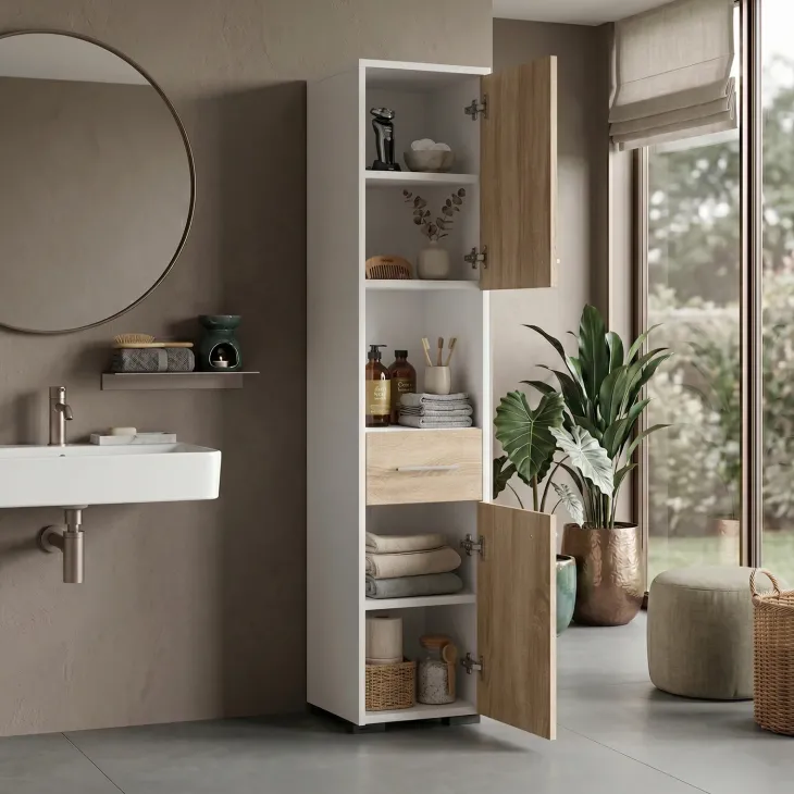 Colonna bagno 30x140h cm 2 ante 1 vano a giorno rovere bianco Woters