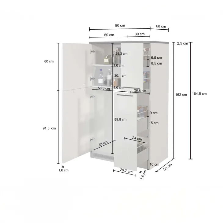 Colonna frigo dispensa cucina 90x165h cm moderna bianco grigio pietra Gourmet
