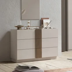 Comò cassettiera multifunzione 110x83h cm 3 cassetti beige cashmere rovere scuro Fummy
