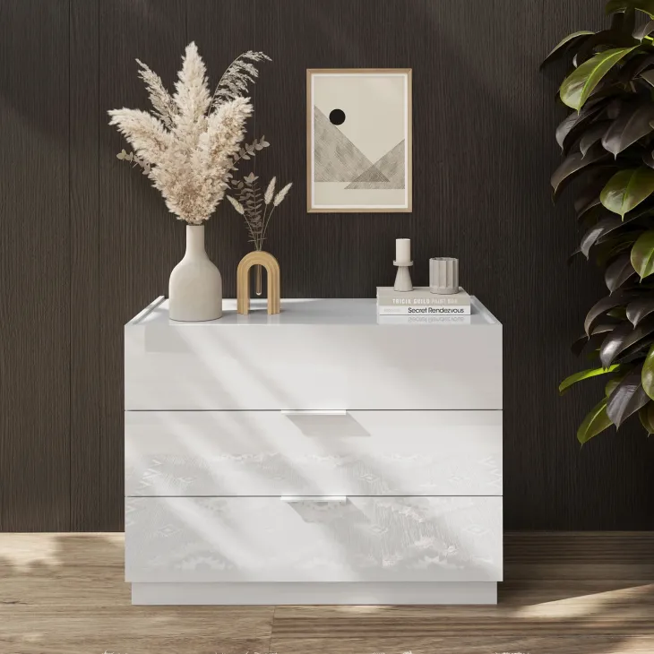 Comò cassettiera multifunzione 110x83h cm 3 cassetti bianco lucido Silky