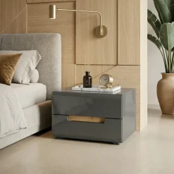 Comodino moderno 52x35h 2 cassetti antracite lucido rovere Dubai Gihome®