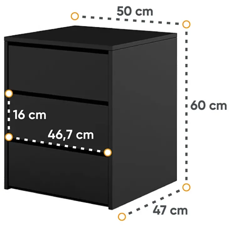Comodino moderno 50x60h cm 3 cassetti nero Ombra