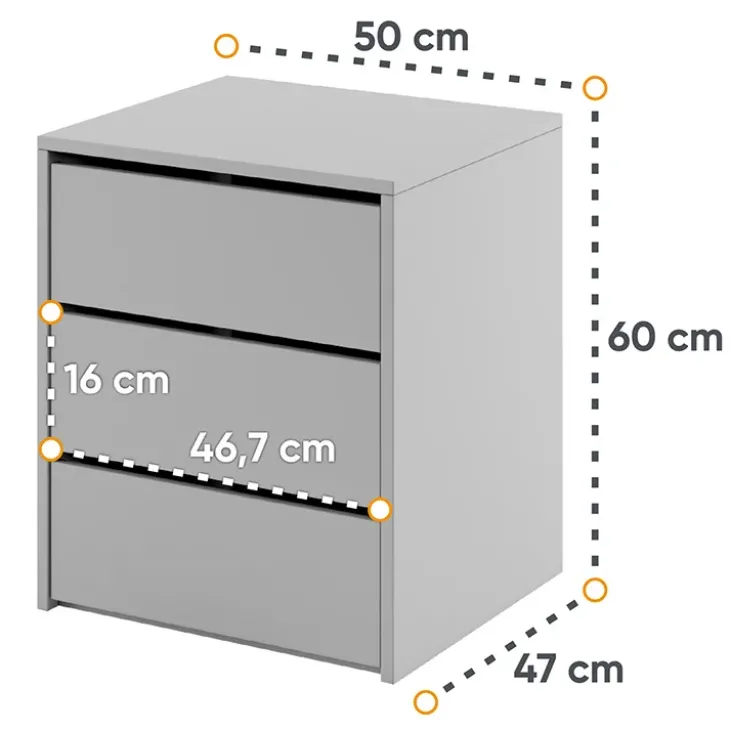 Comodino moderno 50x60h cm 3 cassetti grigio Ombra
