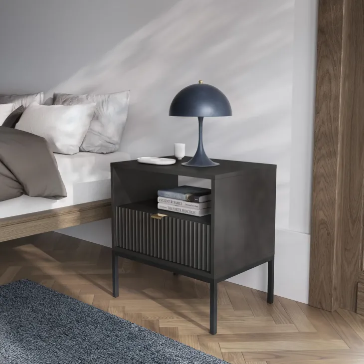 Comodino moderno 54x56h cm con cassetto e vano a giorno nero Alisa